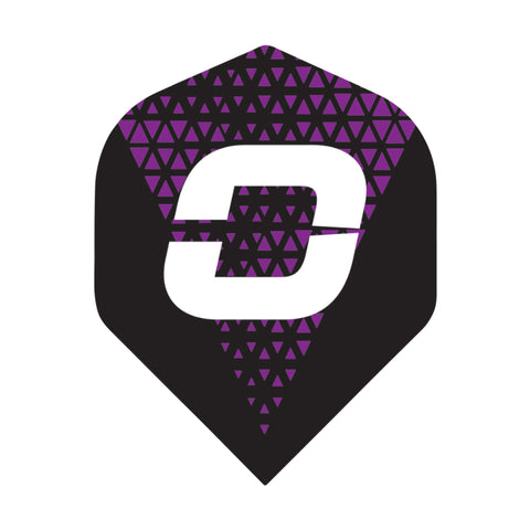 Black dart flight with purple triangle pattern and white logo on a white background
