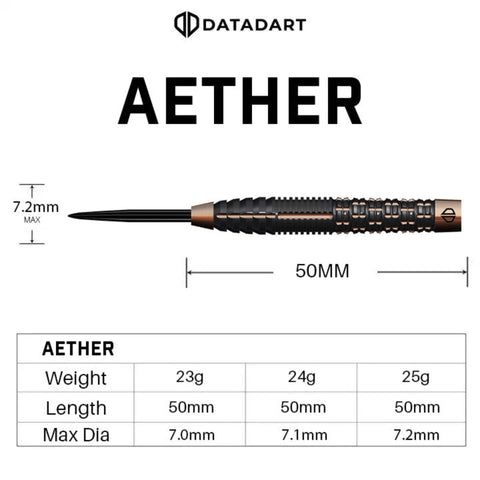 Datadart Aether dart with measurements and specifications on a white background