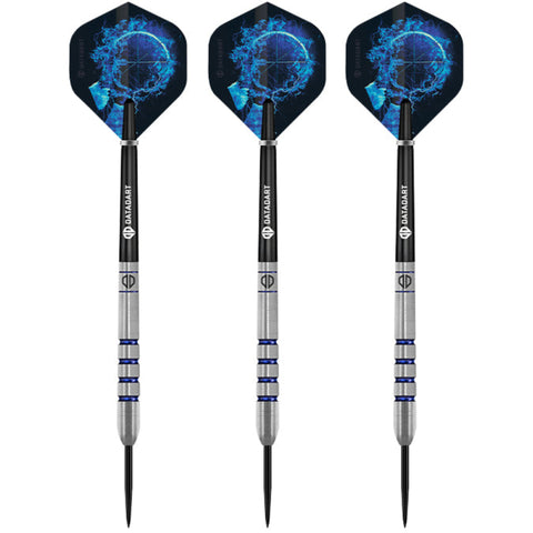 Datadart Arcis three darts with blue and black designs on a white background