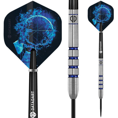 Datadart Arcis three darts with blue and black designs on a white background
