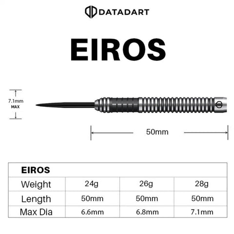 Datadart Eiros dart with measurements and specifications on a white background