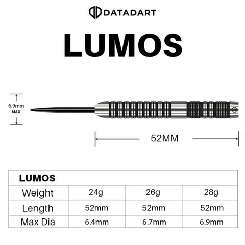 Datadart Lumos dart with dimensions and weight specifications on a white background