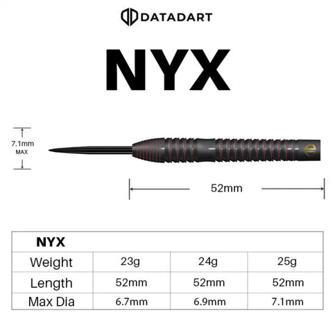Datadart NYX dart with measurements and specifications on a white background