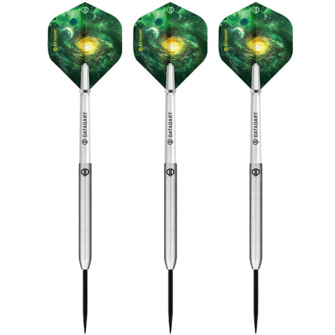 Datadart Orion Smooth three darts with green dart flights and silver shafts on a white background