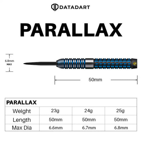 Datadart Parallax dart with measurements and specifications on a white background