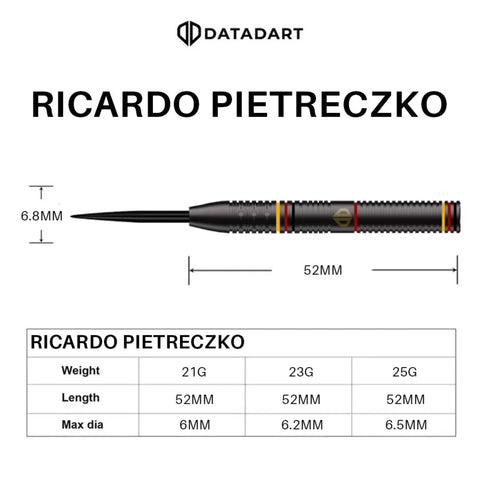 Datadart Ricardo Pietreczko dart with measurements and specifications on a white background