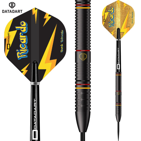 Datadart Ricardo Pietreczko darts with black, yellow, and blue design on a white background