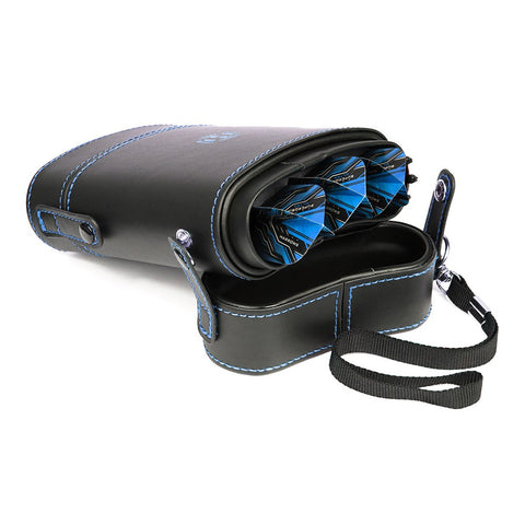 Prima Dart Case in Aqua, open on its side by Harrows